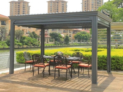 4066 Electrically controlled awning with louvered roof and Windproof curtain